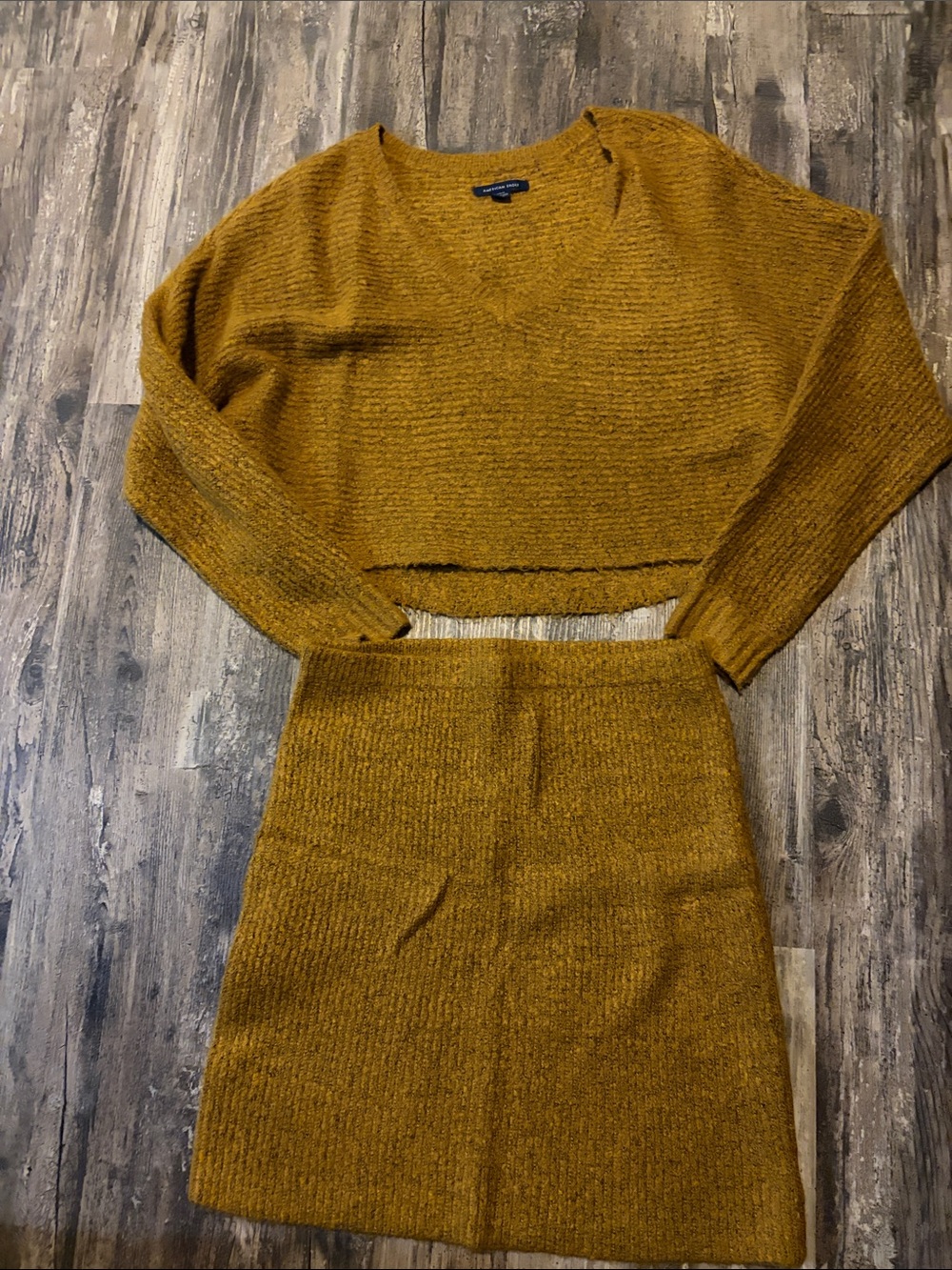 American Eagle Women's Mustard Knit Skirt and cropped sweater set